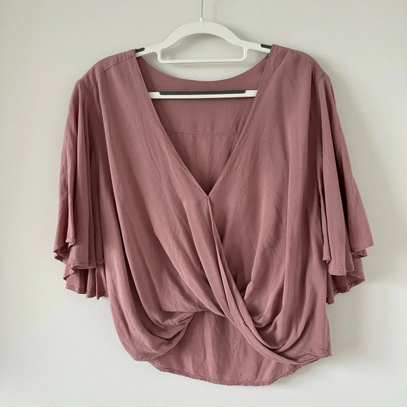 Blue Life Mauve Pink Waterfall Wrap Blouse Top Small Casual VNeck Flutter Sleeve - Picture 2 of 6
